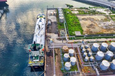 aerial view of cargo ship on dock
